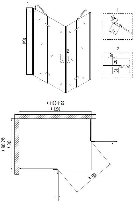 Душевое ограждение NG- 6617-08 (120*80*190) прямоугольник, двери распашные, 1 место Niagara Nova 66170811 - Вид №2