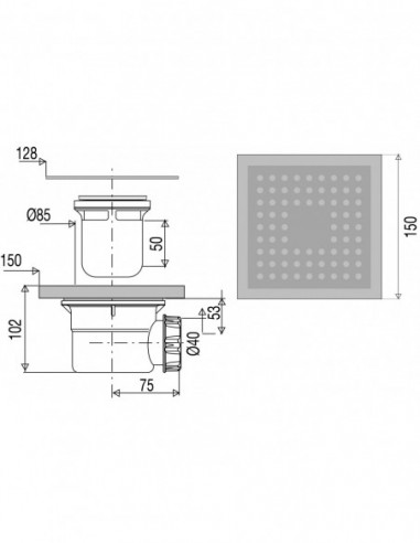 568813 000 00  Трап с решеткой для душевой кабины, h. 102 мм, с уплотнительным ковриком, хромированный металл Valentin Хром  - Вид №2