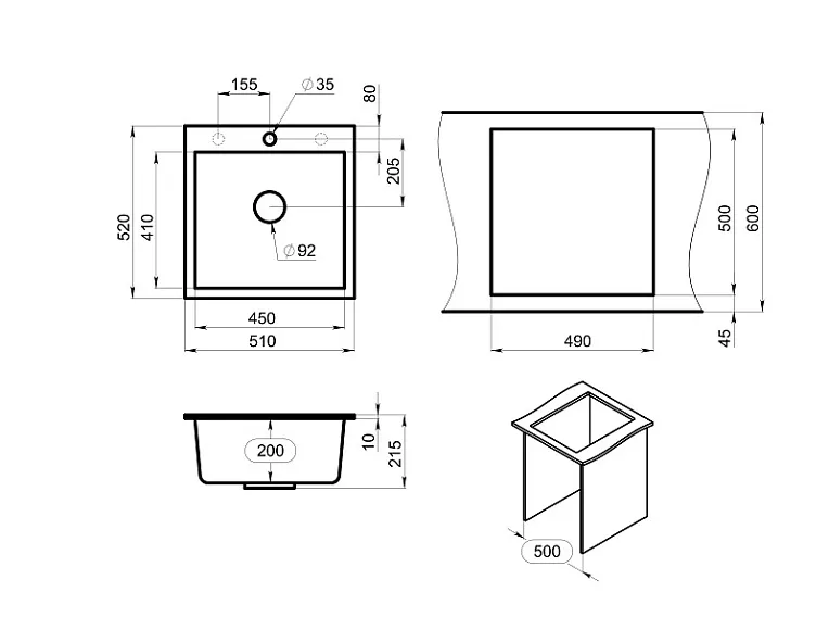 5102, ШВАРЦ (чёрный металлик), кухонная мойка, кварц GRANULA 5102-ST109 - Вид №3