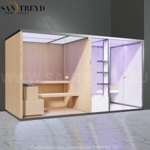 Effegibi BODYLOVE SH BL40110002 Фронтальная комбинированная баня: хаммам и сауна. Установка: в правый угол. Мощность: 15 кВт макс. Размеры: длина 393 см, ширина 176 см. Отделка: канадский хемлок, светлый керамогранит и гладкий хемлок.