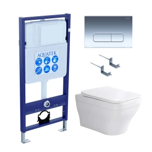 Комплект инсталляция с унитазом Aquatek Амадео безободковый с микролифтом с клавишей цвет хром
