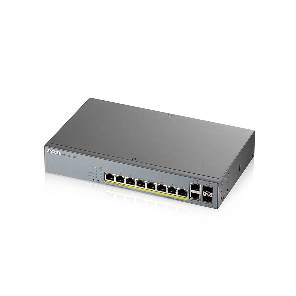 GS1350-12HP-EU0101F gs1350-12hp l2 poe + switch for ip cameras, 10xge (8xpoe +), 2xsfp, poe budget 130 w, power transmission distance up to 250 m, auto-reloading of poe ports, increased overvoltage and electrostatic discharge protection ZyXEL Santreyd  - Вид №3