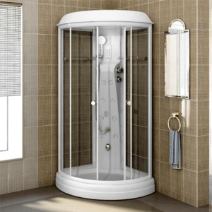 Душевая кабина «БЕАТА», поддон на раме-подставке с устройством слива, боковые стенки (стеклянные), центральная стойка, стеклянные шторки (прозрачные), смеситель, ручной душ, 2 стеклянные полочки