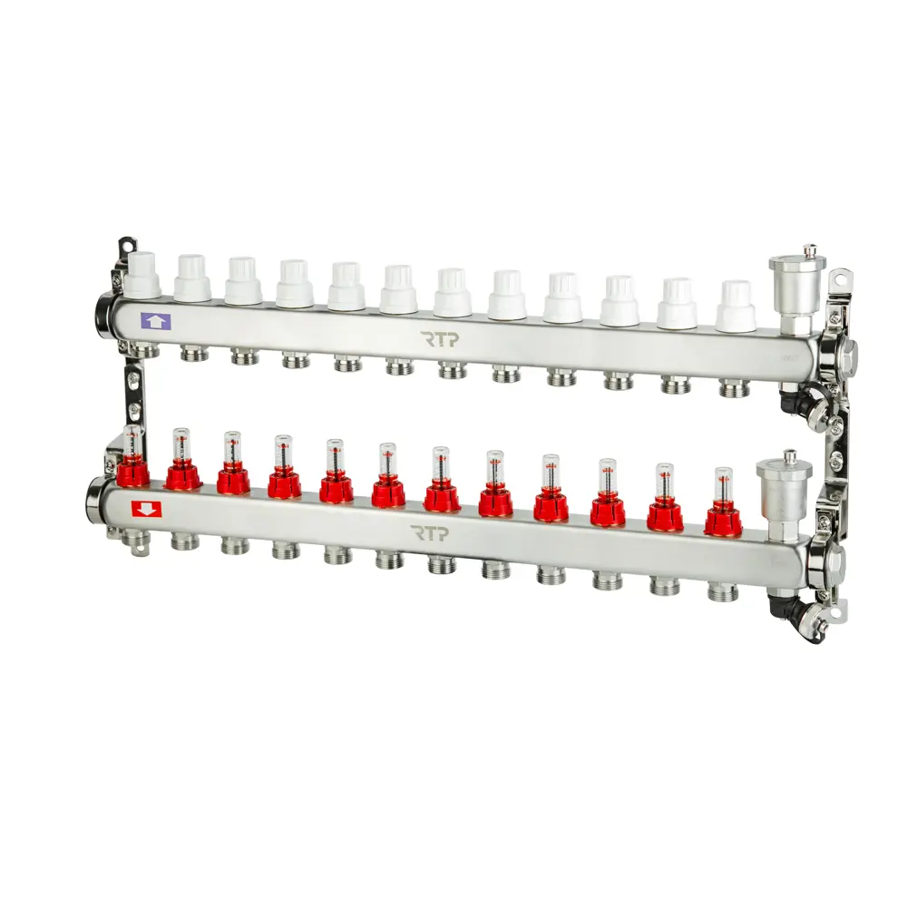 Коллекторная группа для теплого пола RTP 1"х3/4" евроконус 12 выходов нержавеющая сталь STLM-2003199