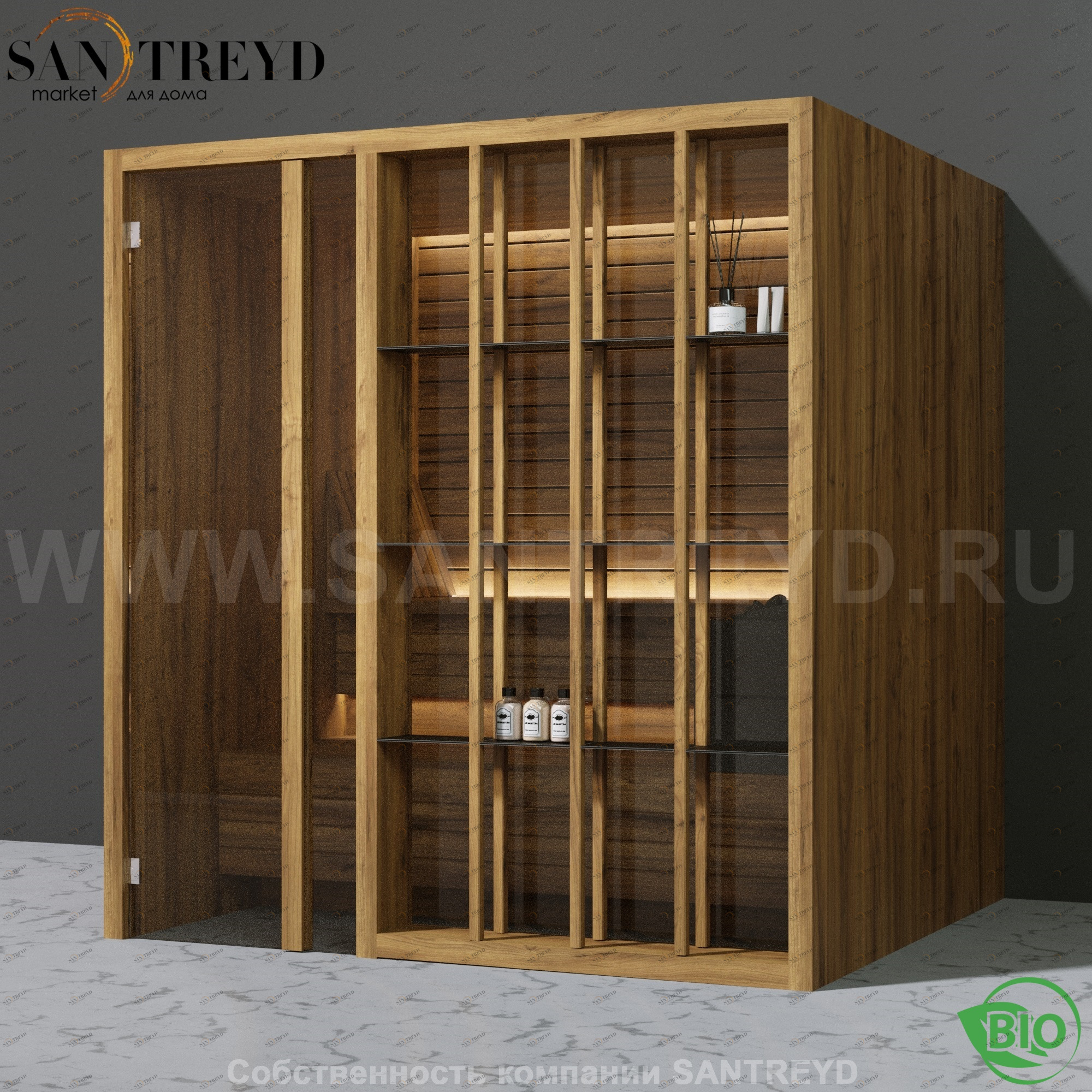 Effegibi YOKU.S80 BI.70100012 Био-сауна с левой дверью. Мощность: 9 кВт макс. Размеры: длина 202 см, ширина 180 см. Отделка: термообработанное дерево BI70100012