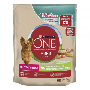 ПР0059698 Корм для собак для мелких пород, контроль веса, индейка, рис сух. 600г ONE