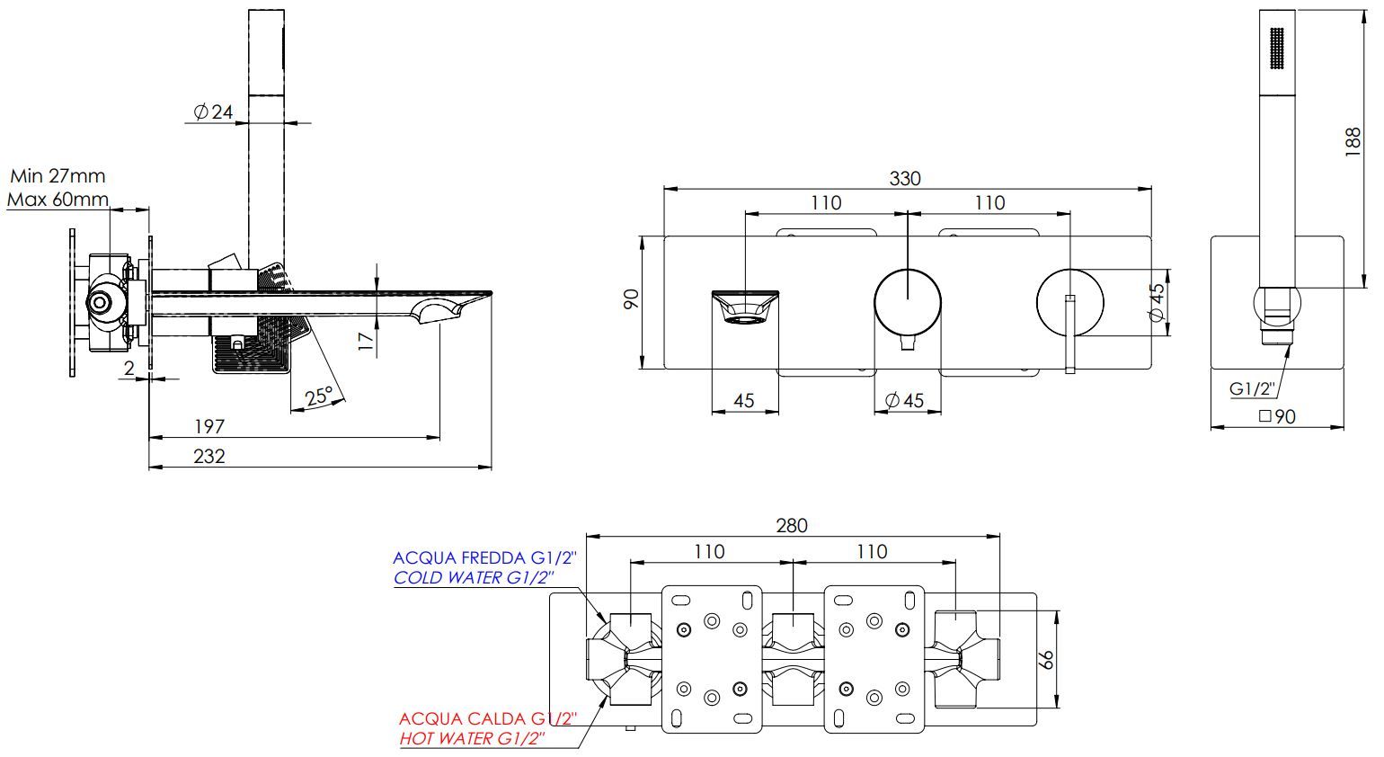 Набор настенных ванн с ручным душем Daniel Rubinetterie Stellar ARCH-00114382 - Вид №2