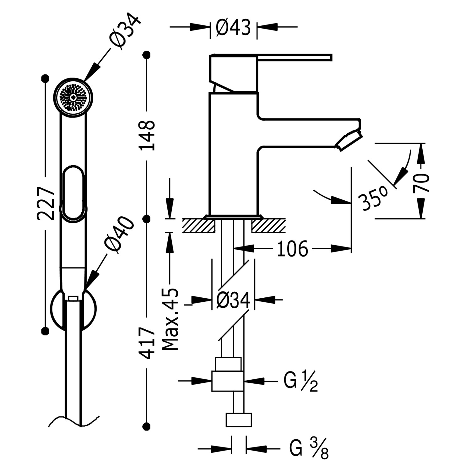 LEX-ALP Смеситель для раковины с одной ручкой и душем для туалета-181113 TRES - Вид №1