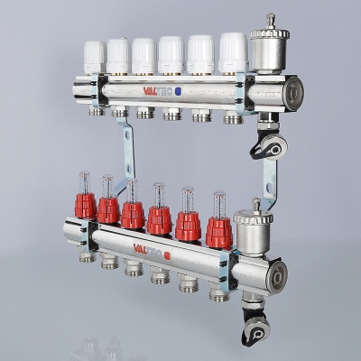 VTc.596.EMNX.0711 Коллекторный блок латунный с термостатическими клапанами и расходомерами Valtec 1 1/4", 11 x 3/4", "евроконус"  - Вид №1
