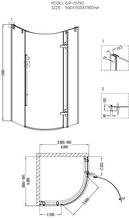 Душевое ограждение GROSSMAN GR-5090 Style 90*90*190 полукруг, дверь распашная - Вид №1