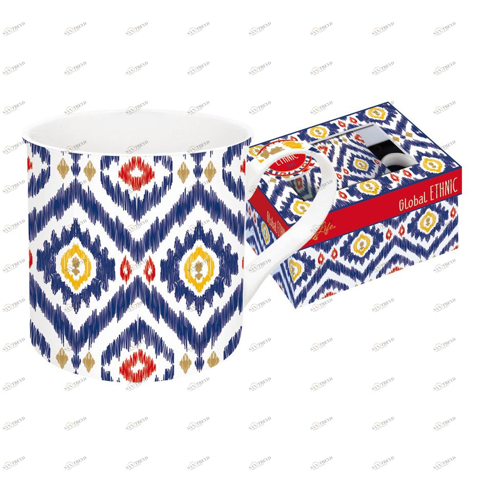 Кружка фарфоровая 0,3 л бело-синяя "Икат" EASY LIFE GLOBAL ETHNIC 00-3946509 Белый;синий 