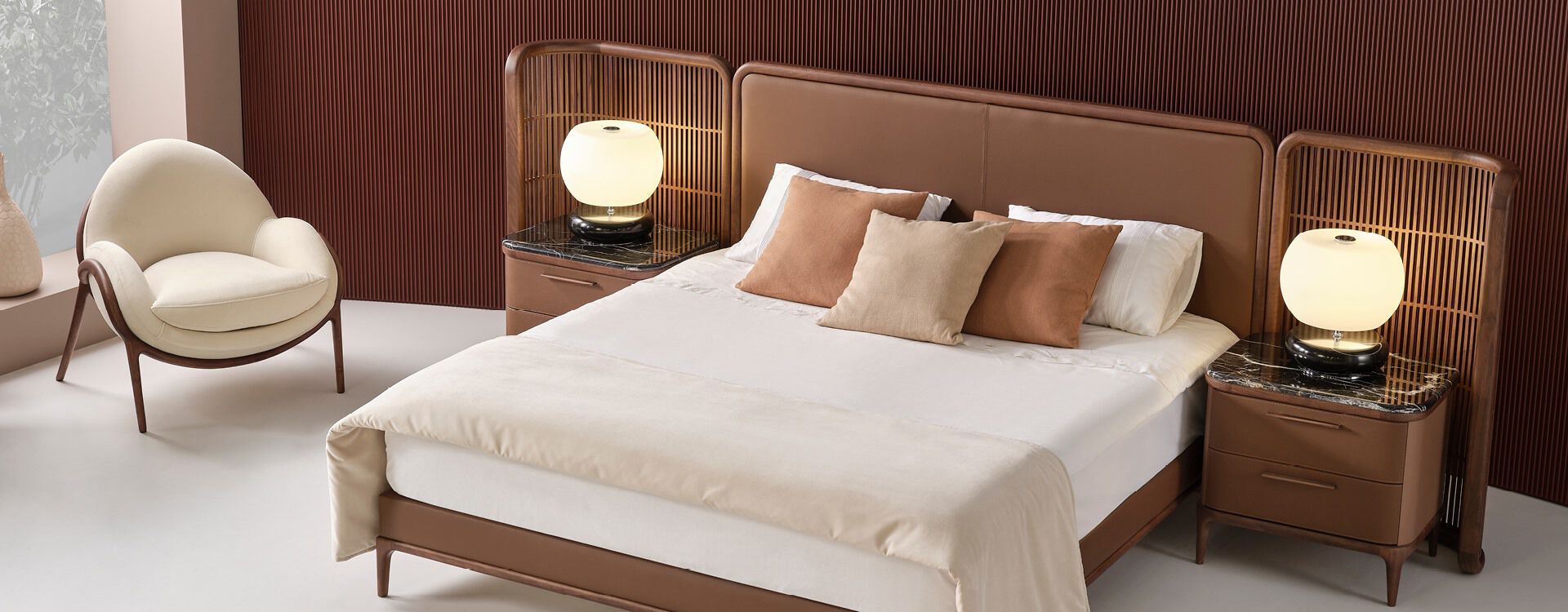 Двуспальная кровать из кожи и дерева Mobi груша ARCH-00039179 - Вид №2