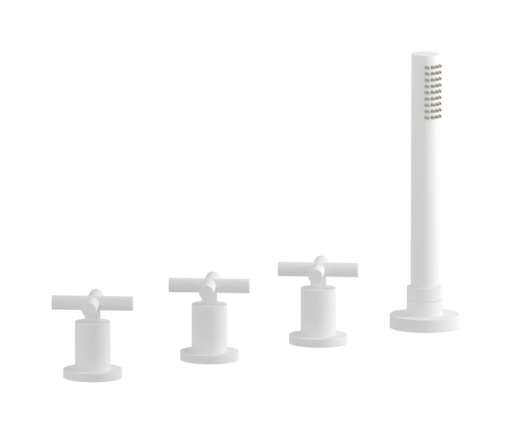 Смеситель на бортик ванной на 4 отверстия с изливом, дивертером и душевым гарнитуром. WE ARE IB yp202np Matt White WOW