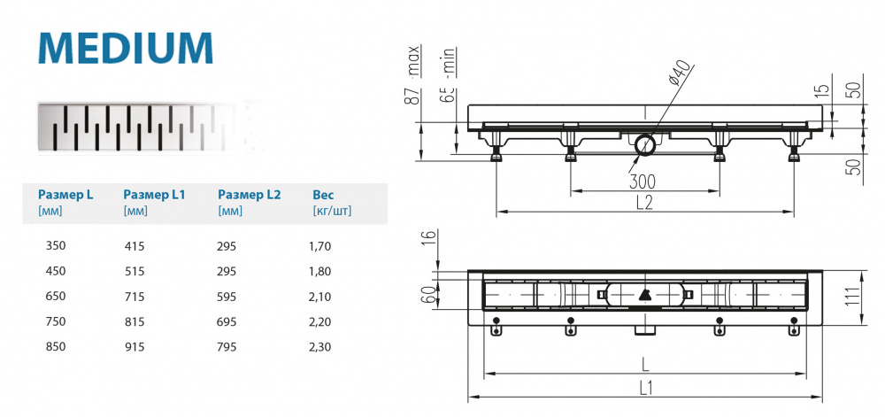 Водоотводящий желоб ALPEN Medium ALP-750MN2 к стене с рамкой  - Вид №1