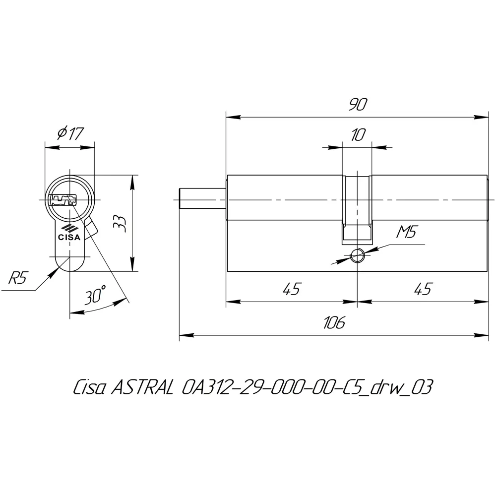 Цилиндр Cisa Astral ОА312-29.00, 40x10x40 мм, ключ/шток, цвет латунь, без вертушки STLM-2012386 - Вид №4