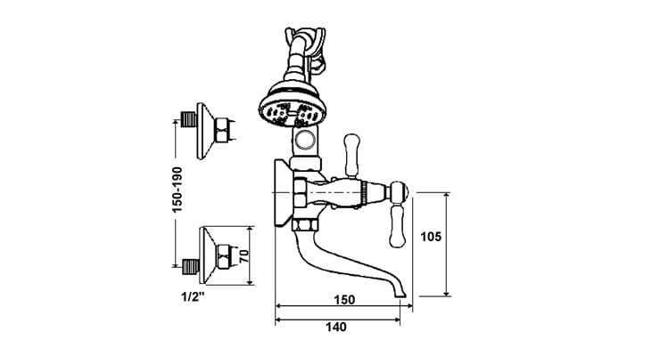 Настенный смеситель для ванны с 2 отверстиями и ручным душем rvb 1935 Лимож ARCH-00063598 - Вид №1