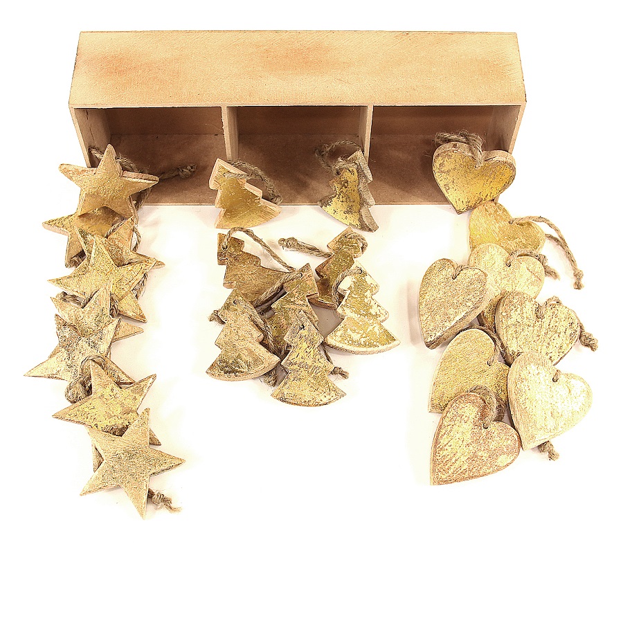 Украшения подвесные Golden Stars/Trees/Hearts, деревянные, в подарочной коробке, 24 шт Enjoyme ENNY0021 - Вид №1