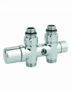 Carlo Poletti V42500M Клапан термостатический, одно/двухтрубный с by-pass и держателем, центральное подсоединение. Версия угловая с подключением медной или пластиковой трубы. Межосевое расстояние 50 мм.