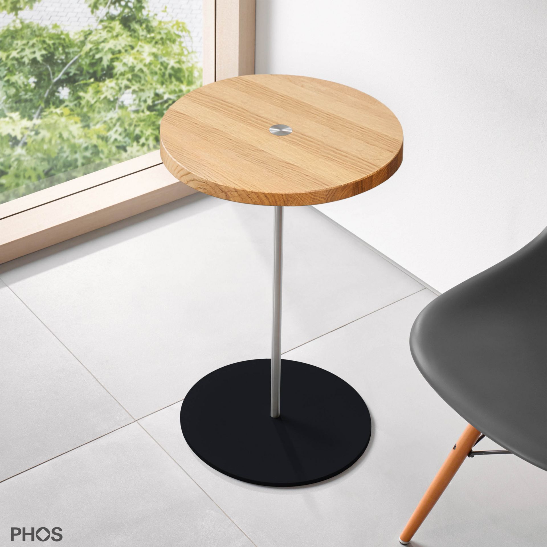 BT600-Eiche-BPS Приставной столик высотой 60 см, столешница из дуба, основание черного цвета. PHOS 