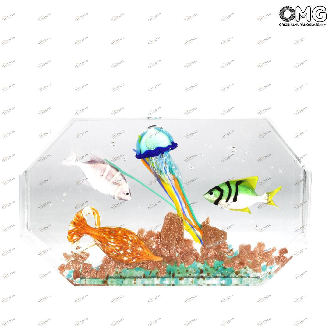 4790 ORIGINALMURANOGLASS Скульптура Аквариум с тропическими рыбками - муранское стекло OMG 14 см 
