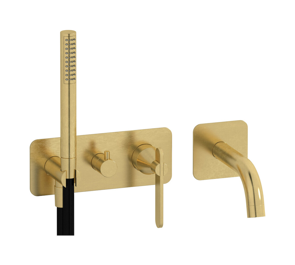 Настенный смеситель для ванной на дивертером и душевым гарнитуром. WE ARE IB oh202sr Natural Brass Soho