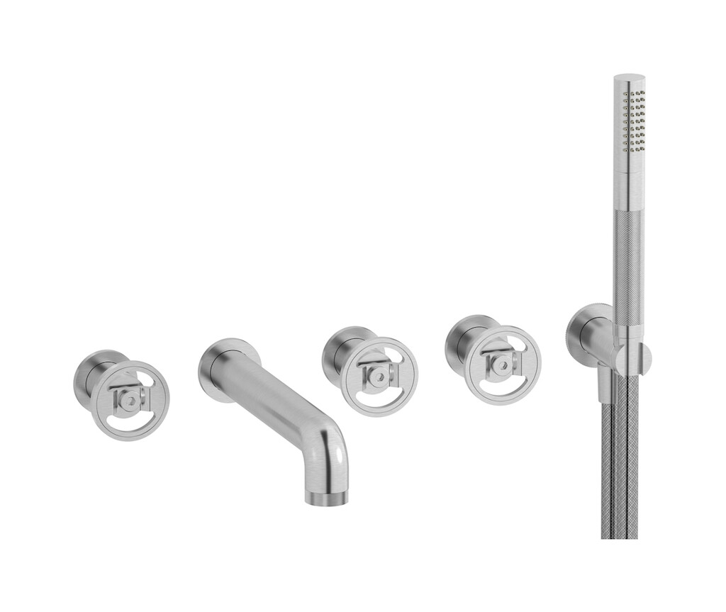 Настенный смеситель для ванной на 5 отверстий с дивертером и душевым гарнитуром. WE ARE IB b1398ss Brushed Nickel Bold