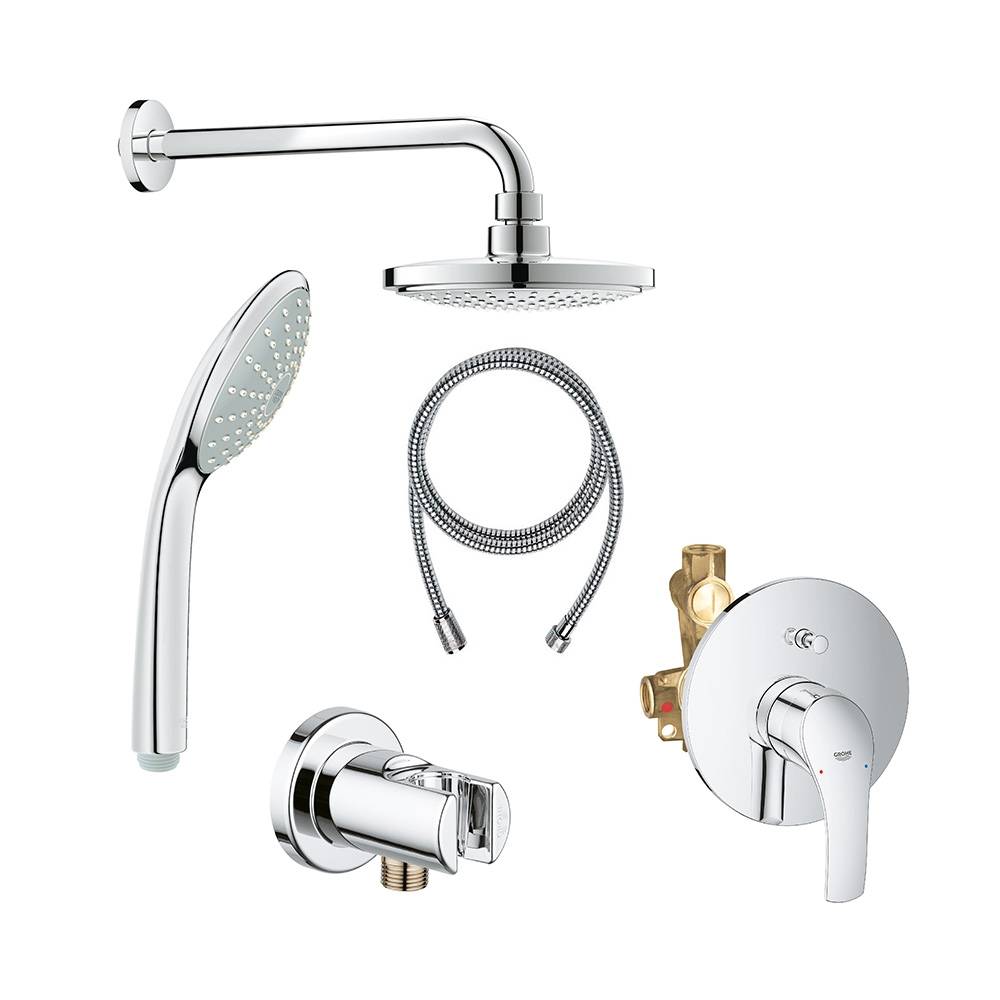 Промо-комплект GROHE Eurosmart New: встраиваемый смеситель для ванны, набор верхнего душа + подключение для душевого шланга с держателем для душа, хром (124353)