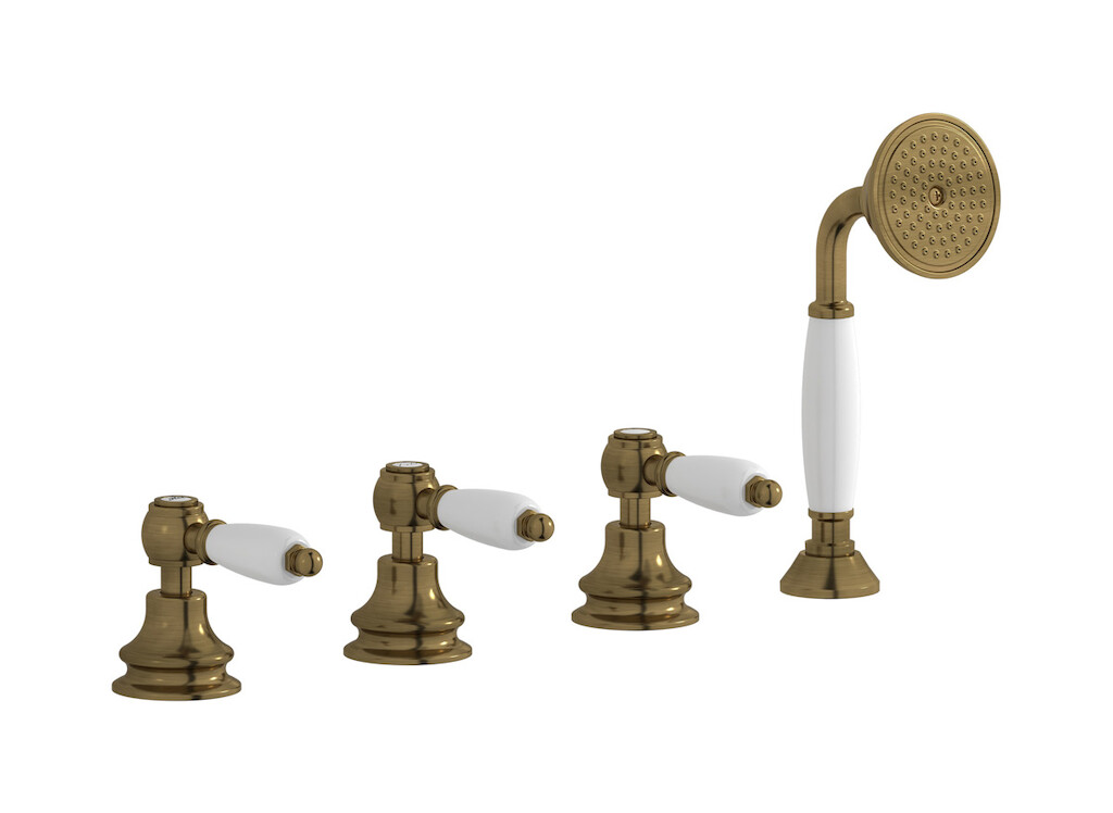 Смеситель на бортик ванной на 4 отверстия с изливом, дивертером и душевым гарнитуром. WE ARE IB hl397bb_2 Antique Bronze Hermes