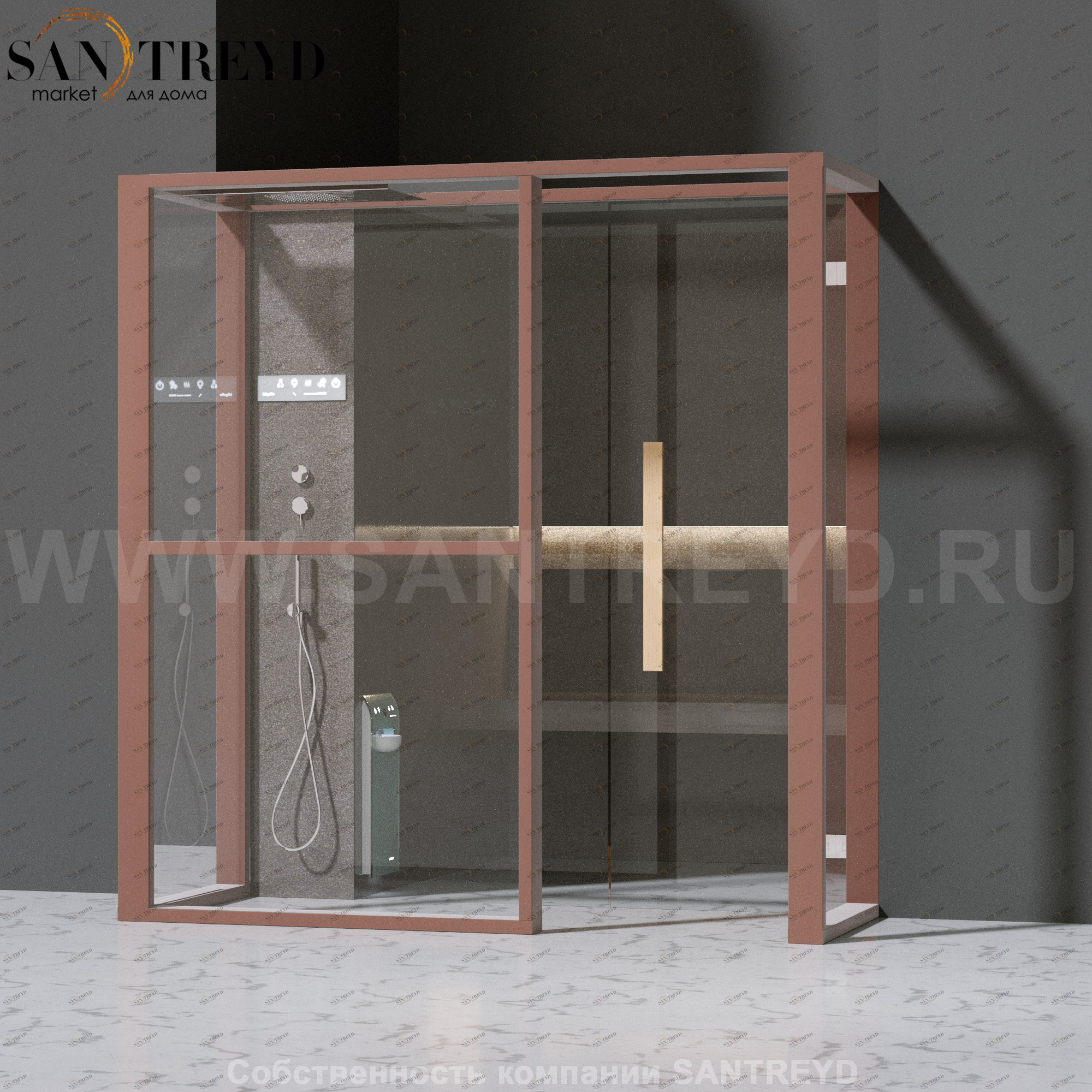 Effegibi LOGICAFILO H LO31030012 Хаммам. Установка: в полунишу. Левая дверь. Мощность: 4,5 кВт макс. Размеры: длина 214 см, ширина 250 см. Отделка: матовый лакированный коричневый аллюминий и темный ламинат из керамогранита.