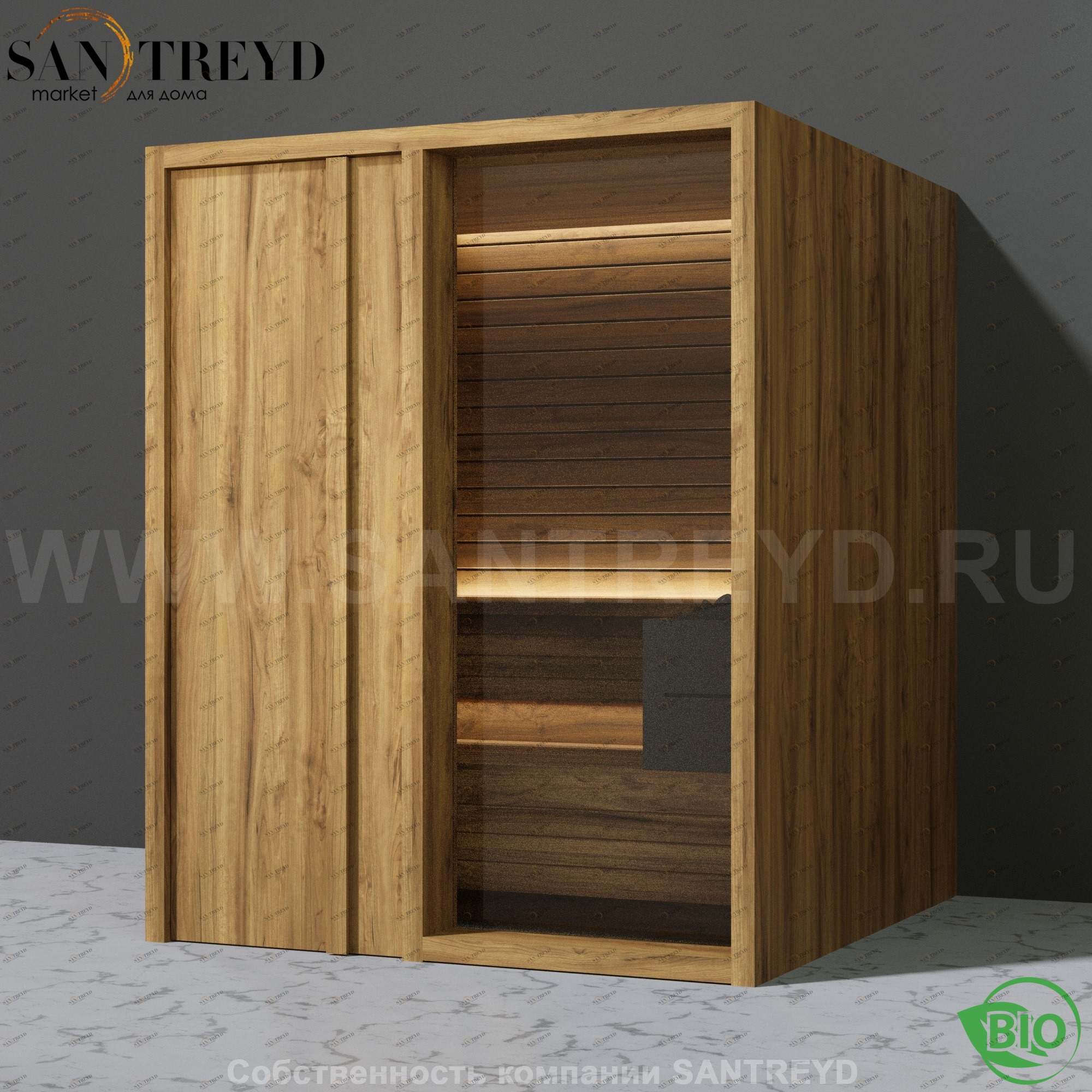 Effegibi YOKU.D60 BI.70200018 Био-сауна с левой дверью. Мощность: 6 кВт макс. Размеры: длина 174 см, ширина 170 см. Отделка: термообработанное дерево BI70200018