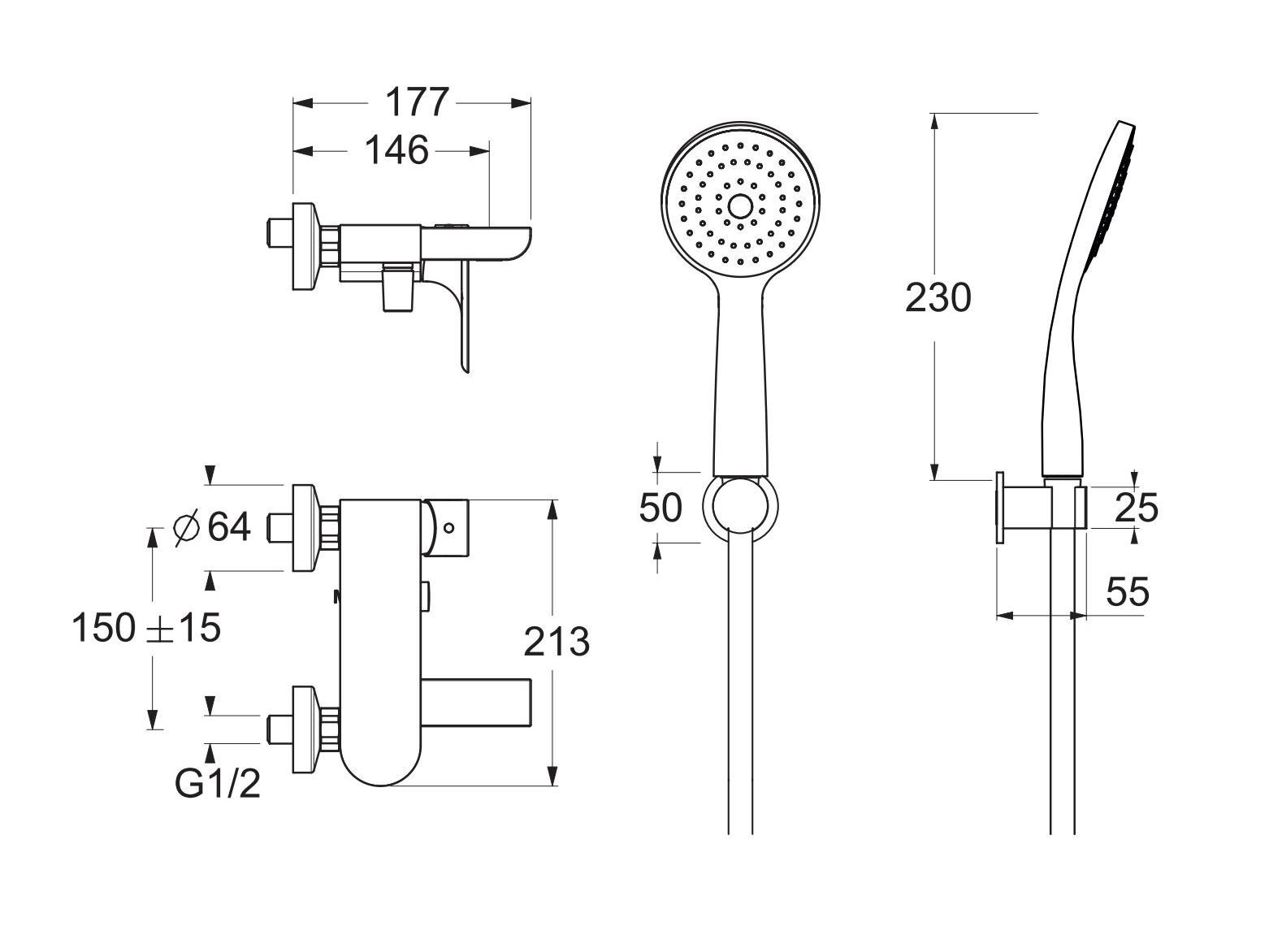 Настенный однорычажный смеситель для ванны с ручным душем GUGLIELMI RUBINETTERIE Walser ARCH-00075604 - Вид №1