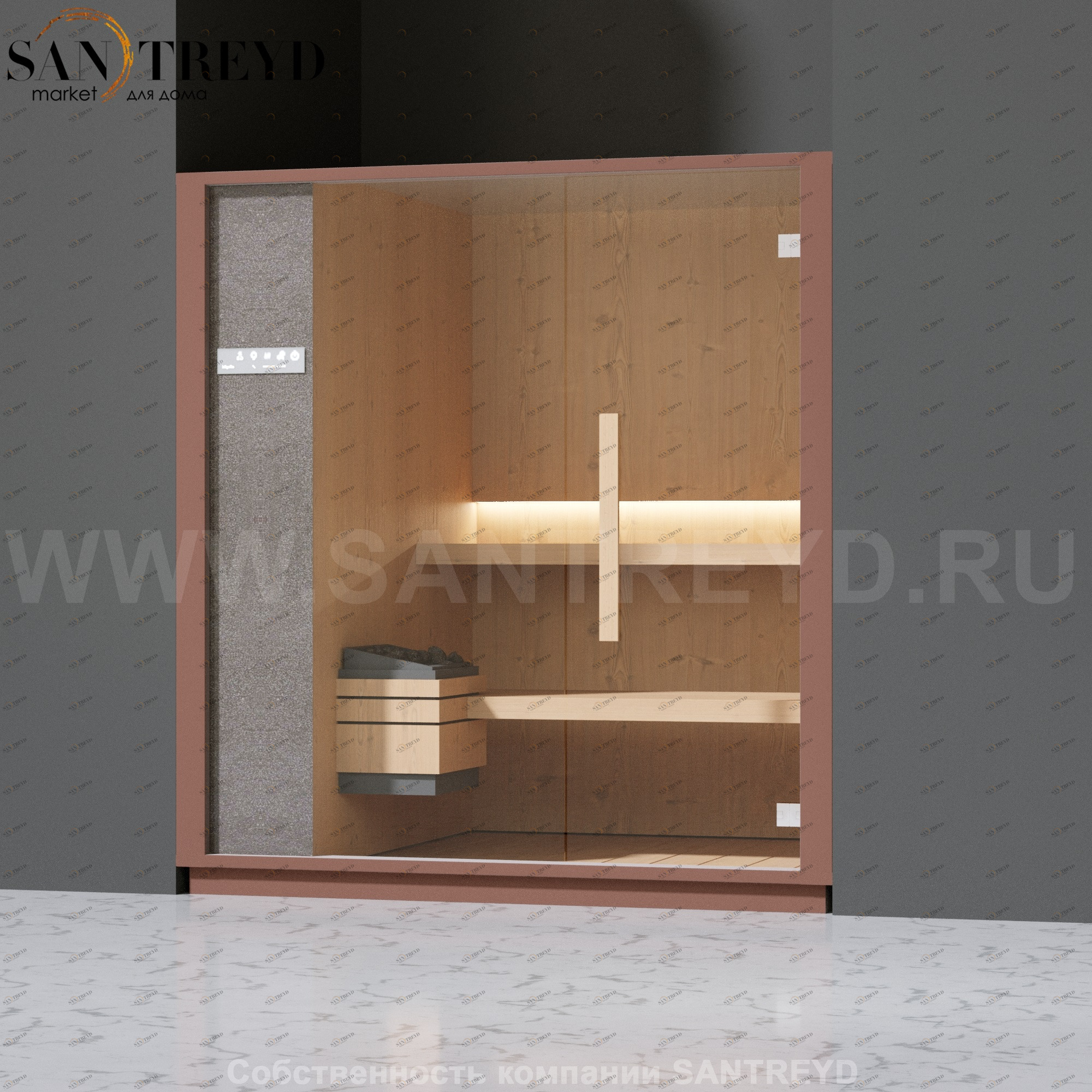 Effegibi ONE S LO50030010 Сауна. Установка: в нишу. Левая дверь. Мощность: 6 кВт макс. Размеры: длина 214 см, ширина 171 см. Отделка: канадский хемлок, матовый лакированный серый аллюминий и бежевый ламинат из керамогранита.