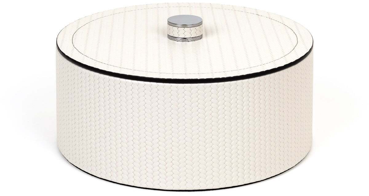 Круглая шкатулка Lucy - Ø 17XH8 см / металлическая отделка_сатинированная латунь / зерненая кожа_земля