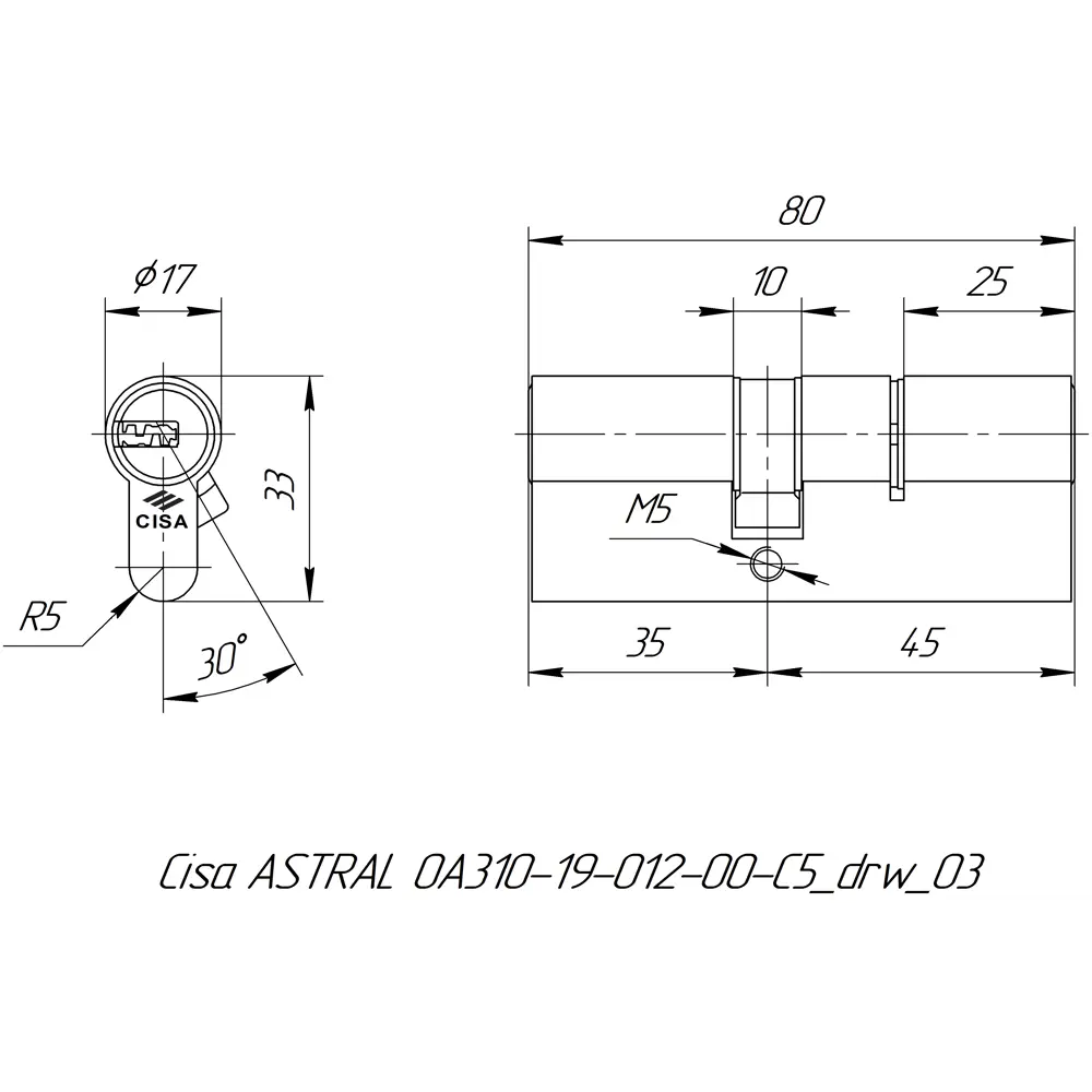 Цилиндр Cisa Astral ОА310-19.12, 35x45 мм, ключ/ключ, цвет никель STLM-2127684 - Вид №4