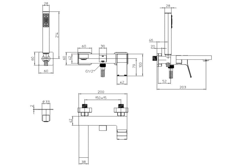 Смеситель для ванны из хромированной латуни с ручным душем Bossini Aki ARCH-00066363 - Вид №2