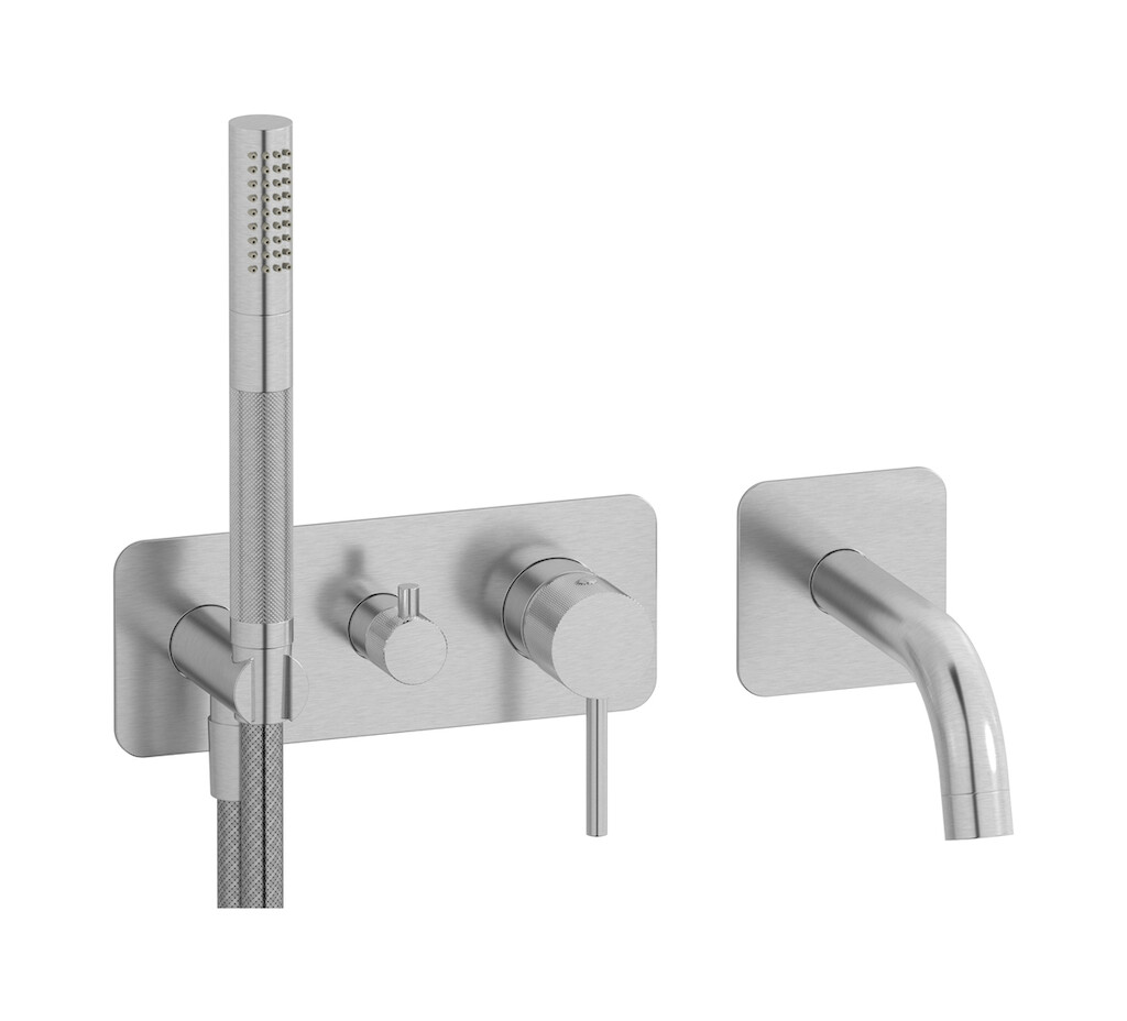 Настенный смеситель для ванной на 5 отверстий с дивертером и душевым гарнитуром. WE ARE IB id398ss Brushed Nickel Industria