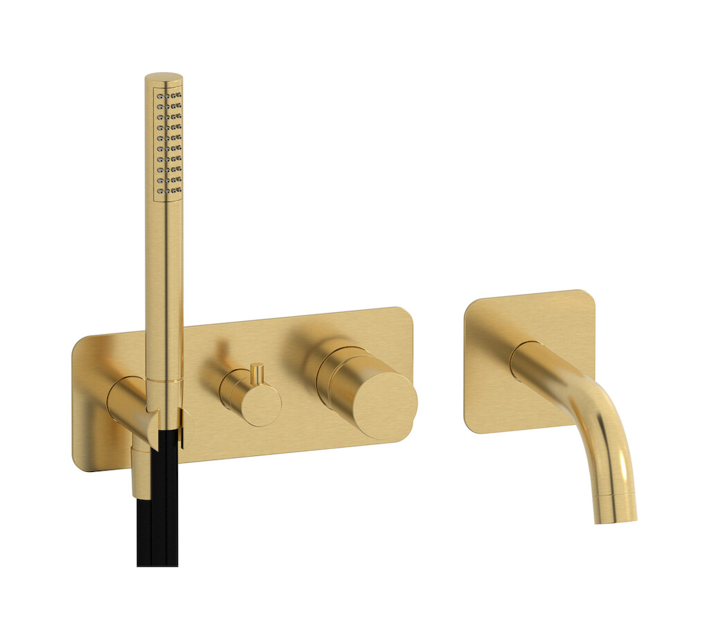 Настенный смеситель для ванной на с дивертером и душевым гарнитуром. WE ARE IB rr398os Brushed Gold Brera