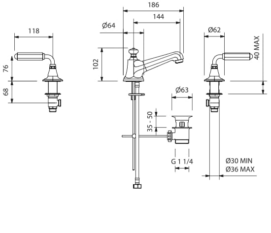Смеситель для раковины с 3 отверстиями для пола с автоматическим сливом Park Avenue Dark Black ARCH-00049184 - Вид №2