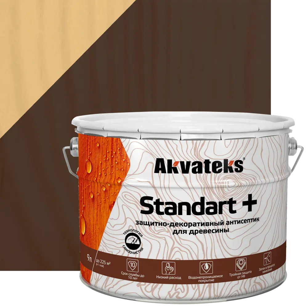 АКВАТЕКС Standart - защитный антисептик для дерева цвет орех 9 л 86364496