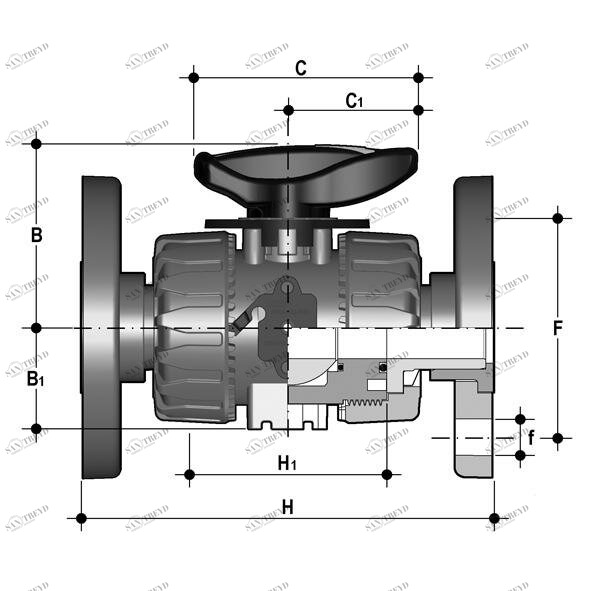 SANIT 135448081025 2-ходовой шаровой кран d20-63, VKR DualBlock®, PVDF, фиксированный фланец, FKM 
