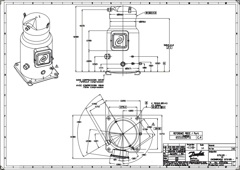 Danfoss SY — Герметичные спиральные компрессоры, R22, R134a, R407C SY240A4CBI Компрессор спиральный SY240A4CBI  - Вид №3