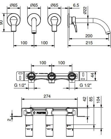 Настенный смеситель для раковины с 3 отверстиями ABOUTWATER AL/23 ARCH-00146222 - Вид №2