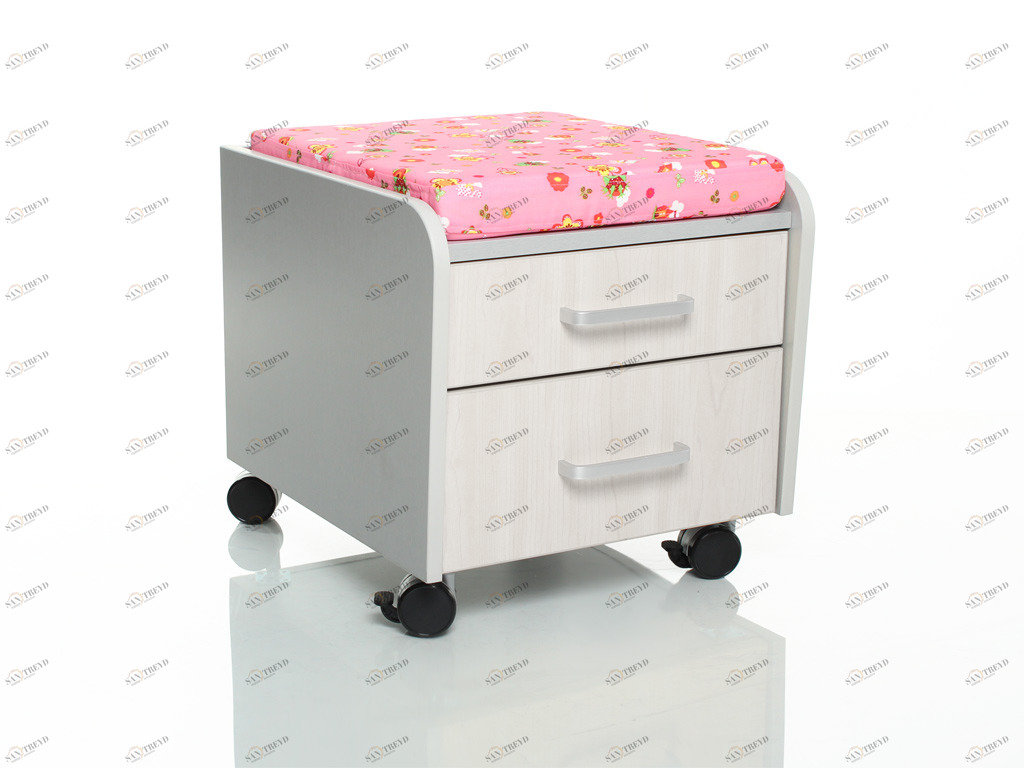 Тумбочка с колесами и двумя ящиками белый дуб, розовая подушка со зверятами MEALUX  261229 Белый;розовый Santreyd 