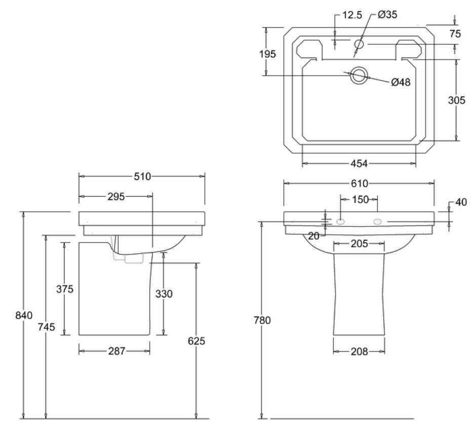 Прямоугольный умывальник из окна на полуколонне Burlington Викторианская ARCH-00068073 - Вид №2