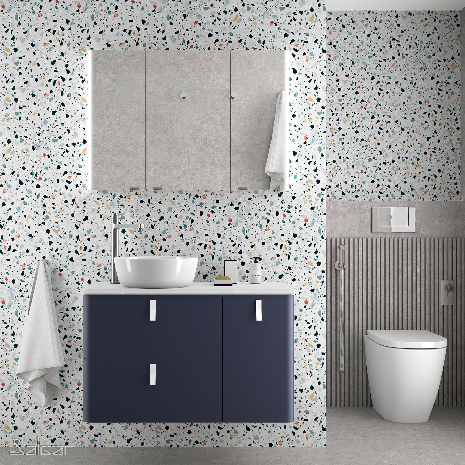 83122 SALGAR Мебель для умывальника UNIIQ 900 NIGHT BLUE правая 1 дверца и 2 ящика с системой мягкого закрывания 897 x 540 x 450 мм  - Вид №1