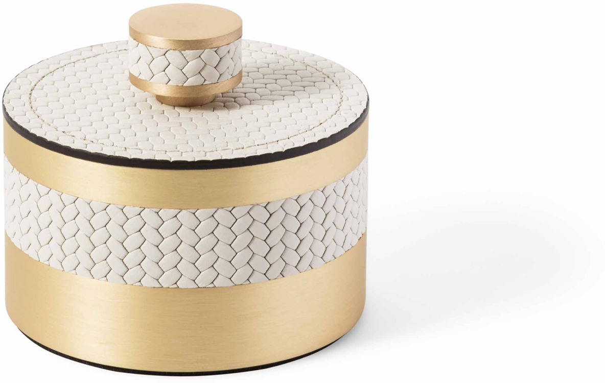 Коробка Saturno - Ø 9XH5,5 см / металл-финиш_сатин-латунь / ари-кожа_светло-серый