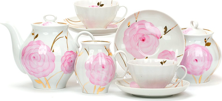 10618106 Дулевский фарфор Сервиз чайный 6/15 "Белый лебедь" "Весенний" Фарфор 