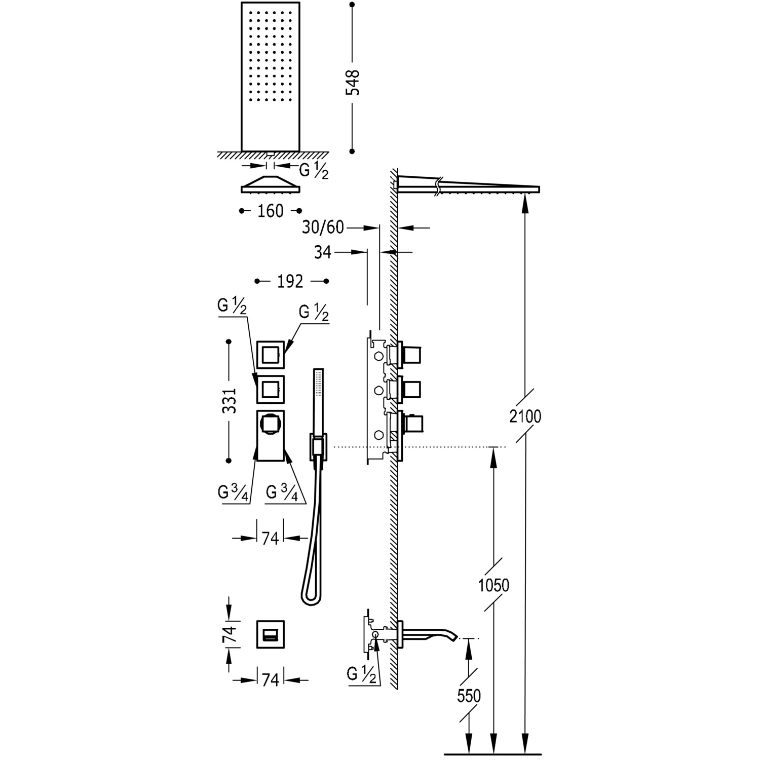 BLOCK SYSTEM Kit de grifo termostático empotrado de 3 vías Block System para bañera y ducha-20625301AC TRES Thermostatic - Вид №1