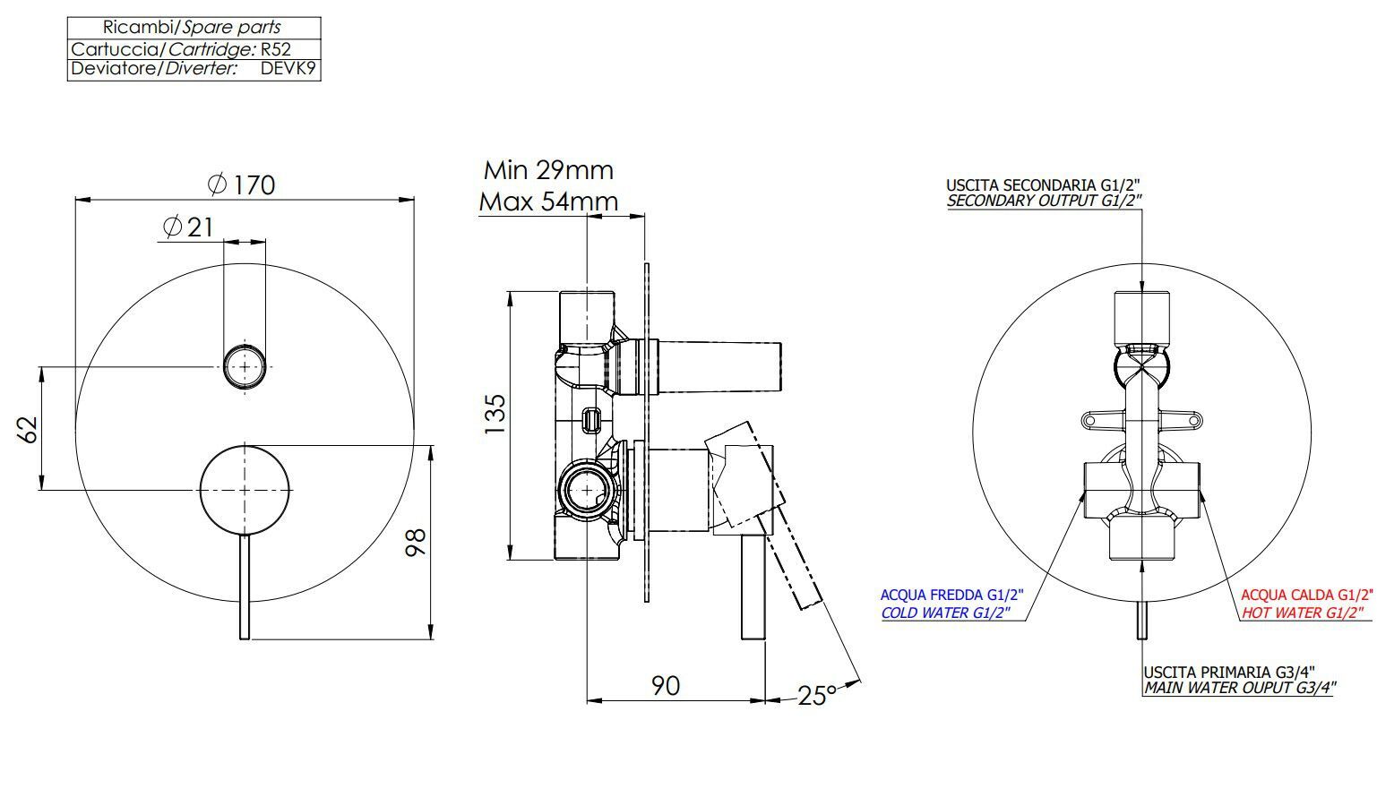 Однорычажный встраиваемый смеситель для ванны с переключателем Remer Rubinetterie Метрика ARCH-00142423 - Вид №1