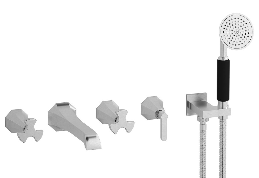 Настенный смеситель для ванной на 5 отверстий с дивертером и душевым гарнитуром. WE ARE IB bt398ss Brushed Nickel Belmondo 